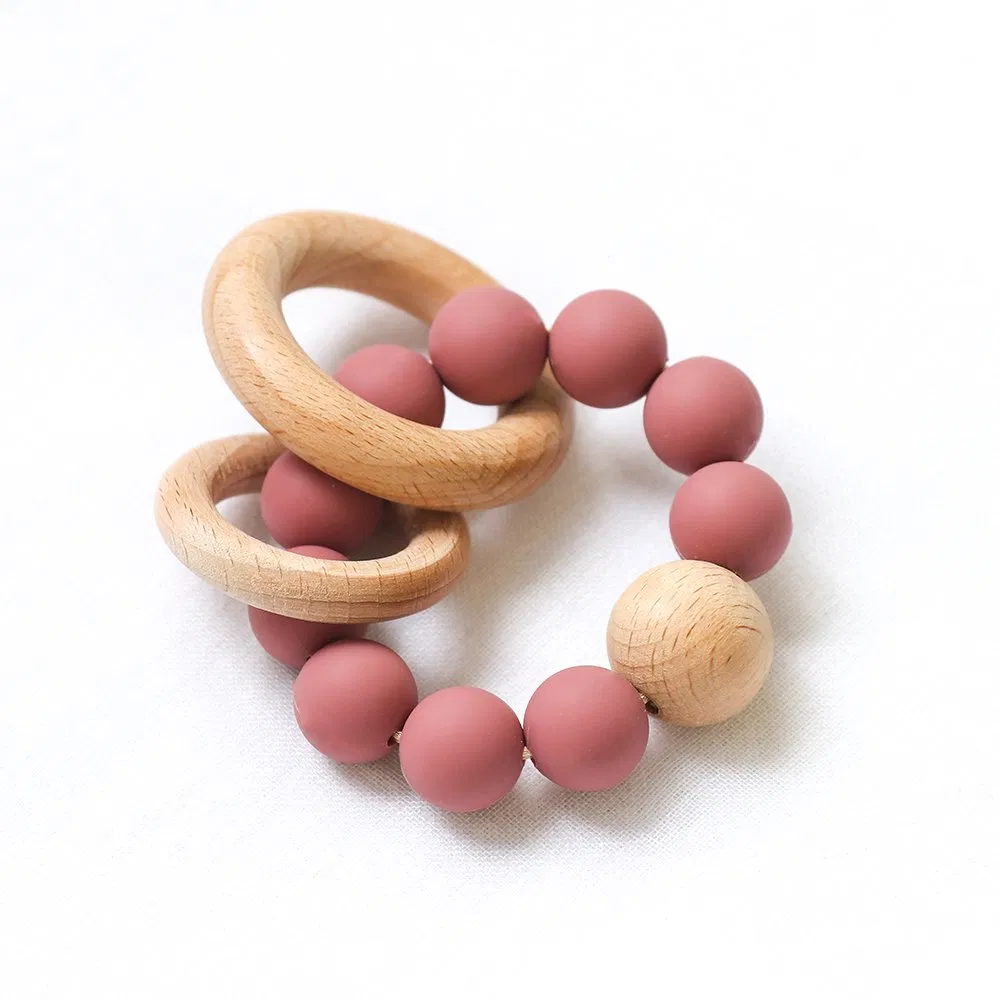 Amazon Food Grade Silicone Teether Bracelet Wooden Silicone Teething Ring for Baby