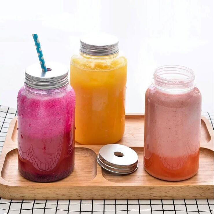 500ml Reusable Clear Plastic Juice Drink Bottle Containers with Aluminum Caps Lids for Homemade Milk