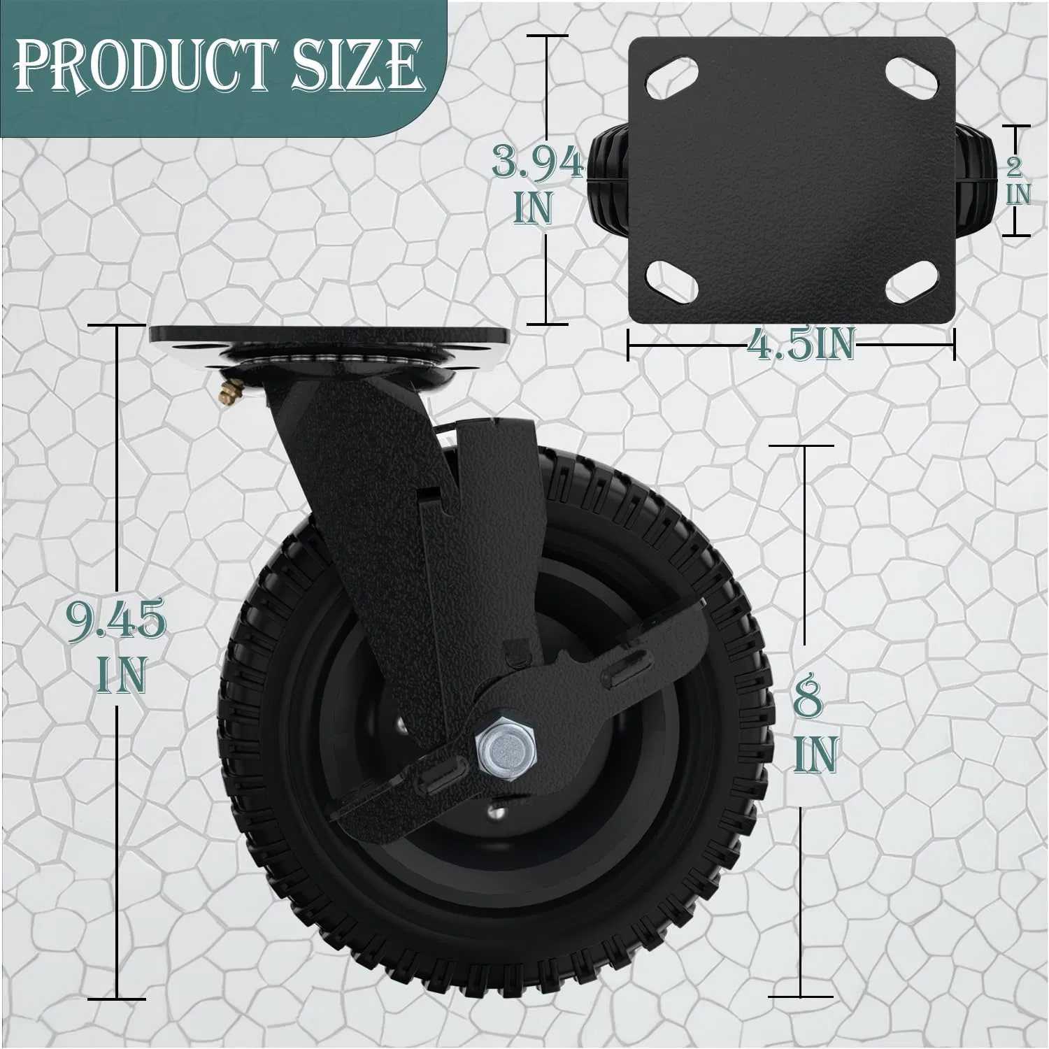 Plate Caster Wheel with Side Brake, 8 Inch/200mm Solid Rubber Tire