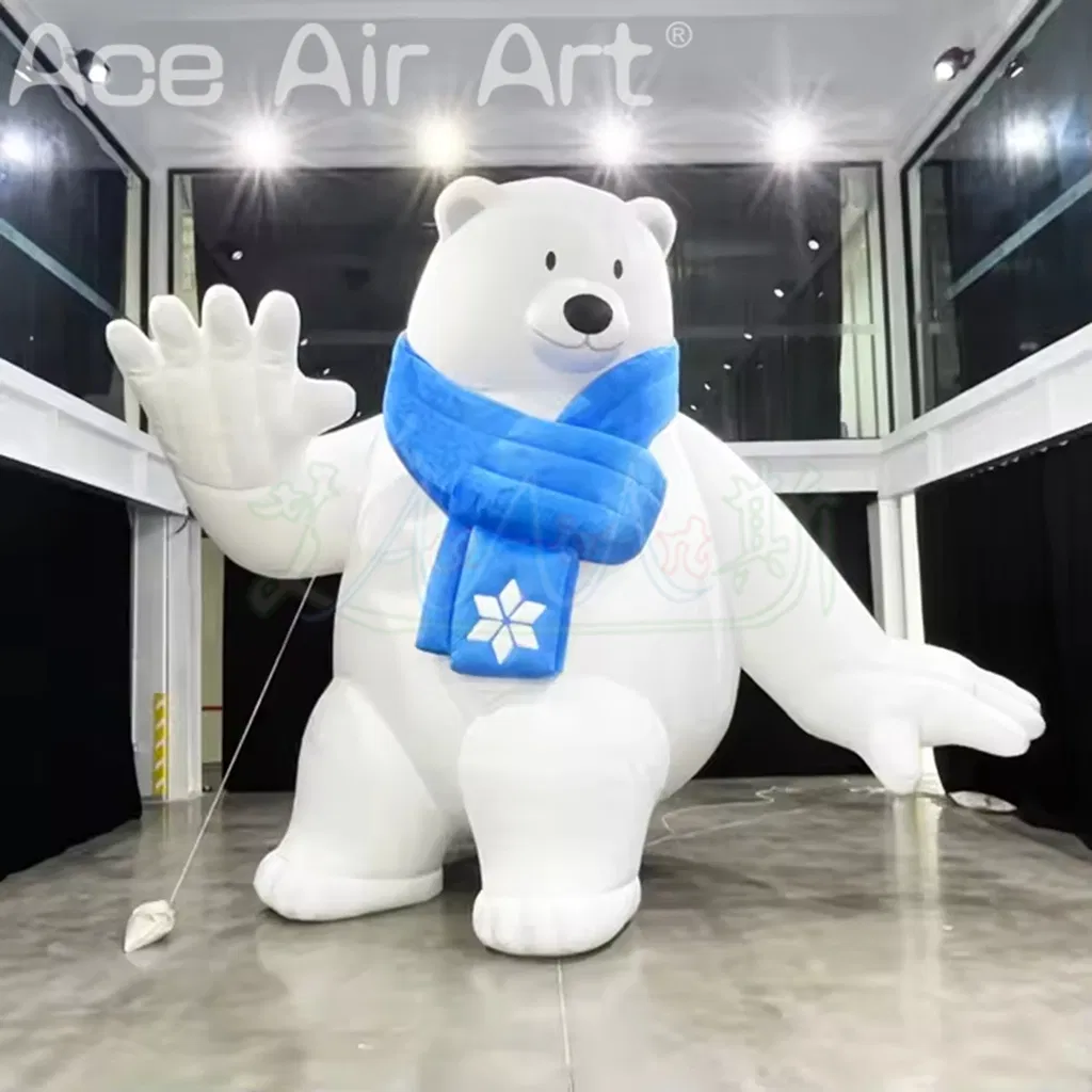 Custom Inflatable Cartoon White Bear Waving Smiling with Blue Scarf for Christmas Holiday Promotion Decoration