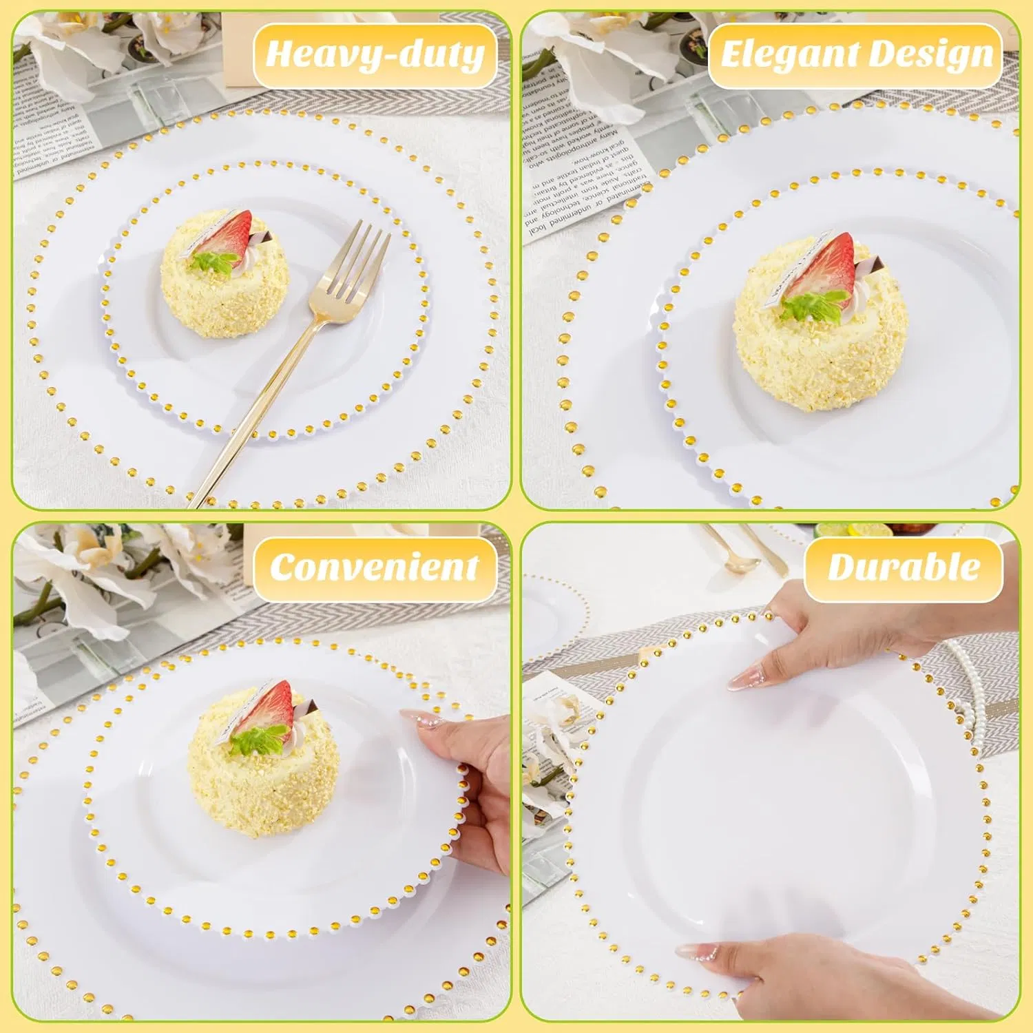 Premium Plastic Dinnerware Set with Gold and White Beaded Design