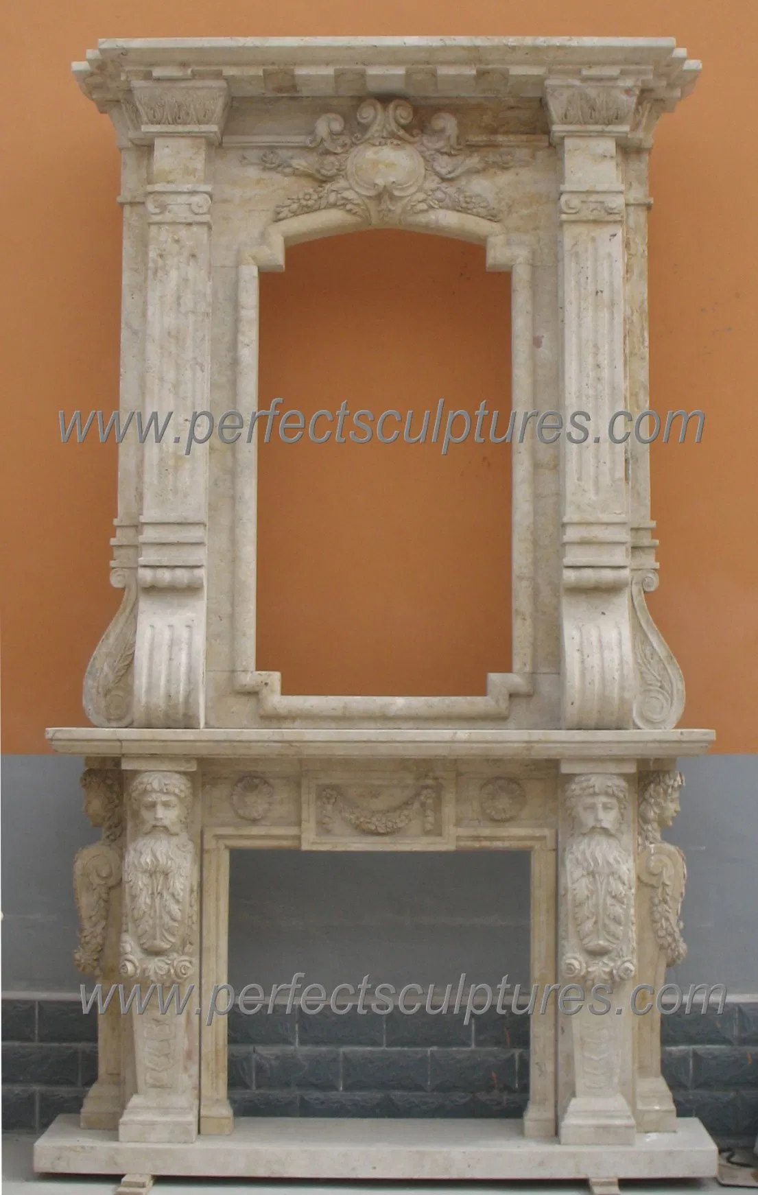 Carved Mix Color Stone Marble Fireplace with Double Over Mantel (QY-LS208)