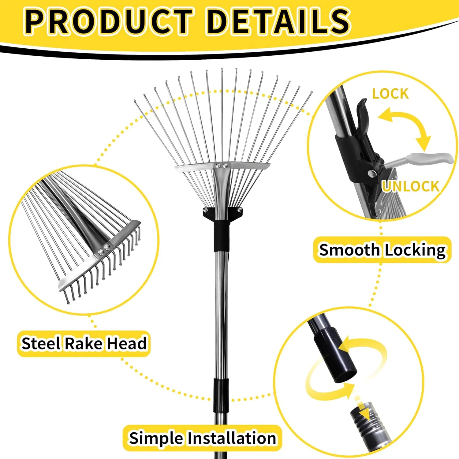 Garden Rake for Leaves Heavy Duty Metal Adjustable Leaf Rake for Lawns