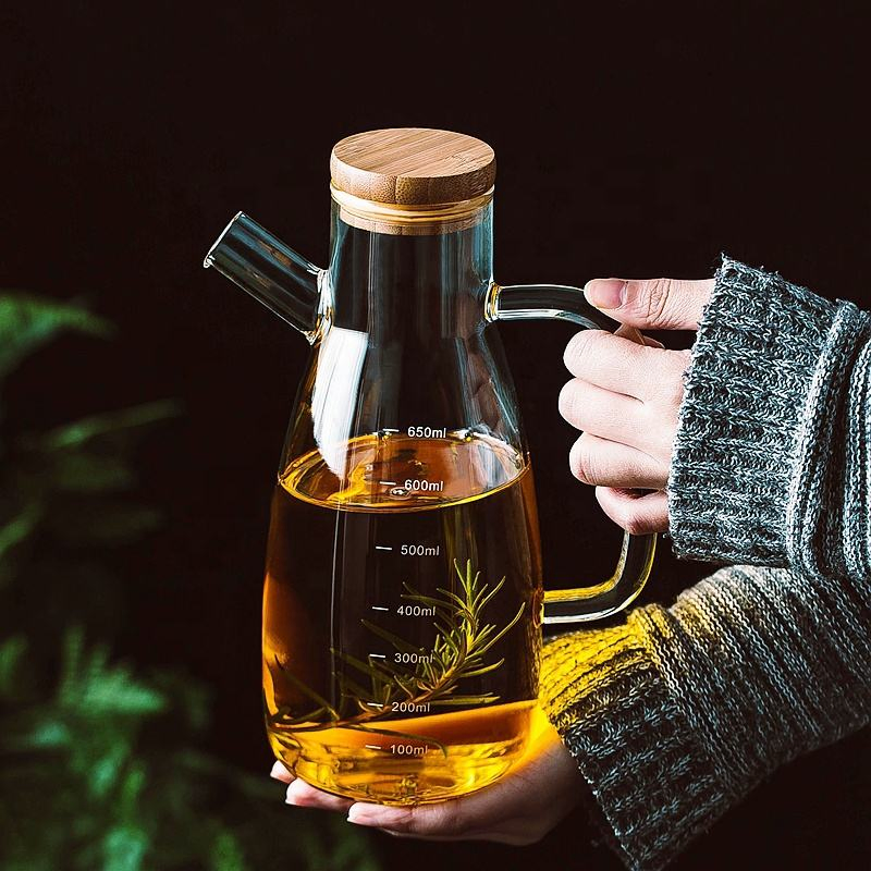 High Borosilicate Glass Bottle Olive Oil Jar Dispenser with Bamboo Lid