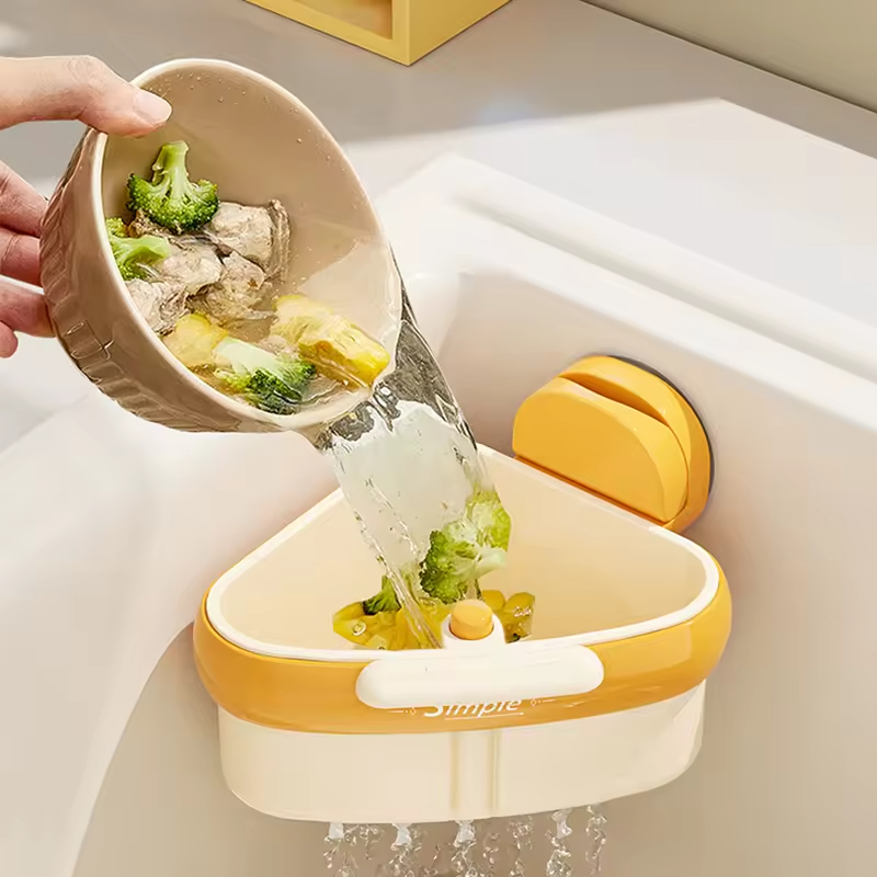 Triangle Sink Suction Cup Storage Rack, ABS Drain Basket for Food Residue Filtration, One-Touch Press-Release Strainer for Kitchen Sinks