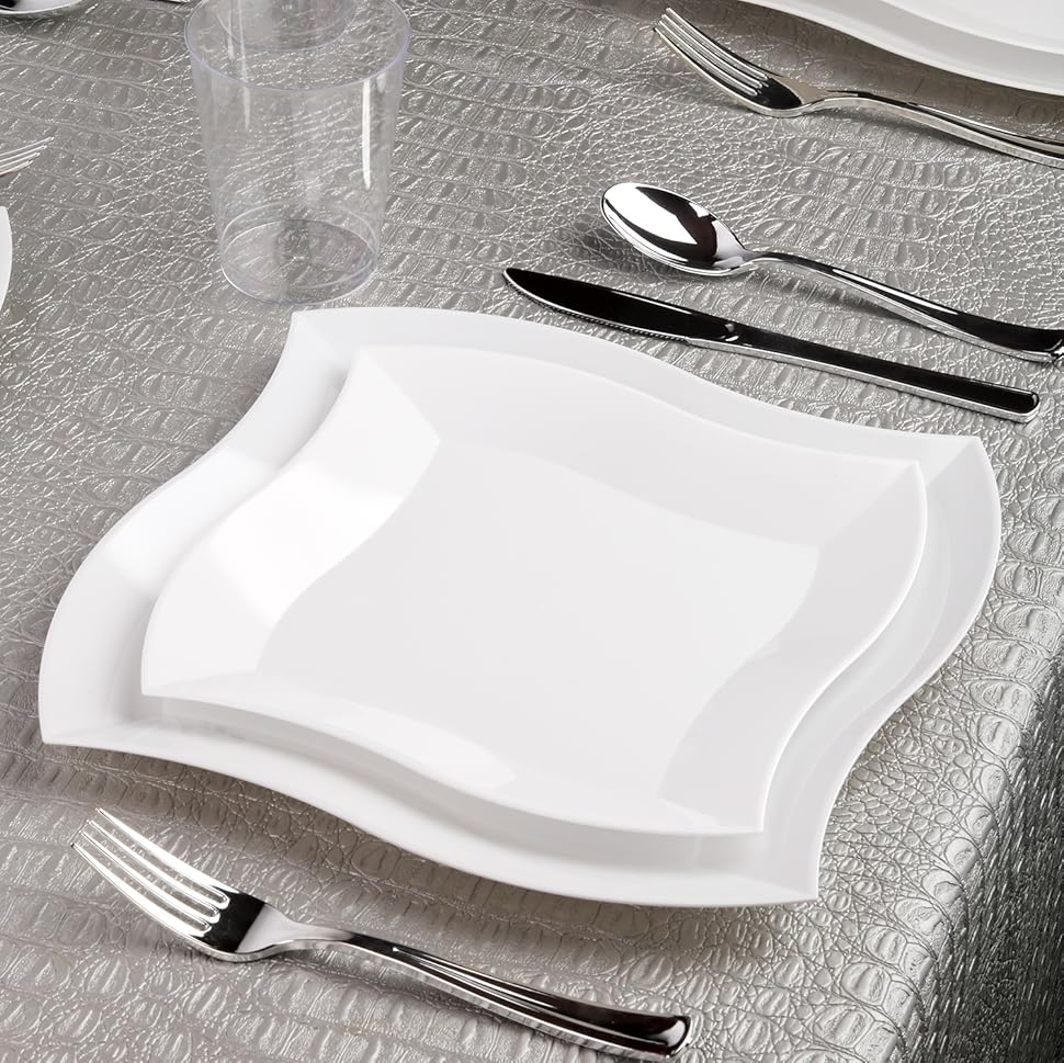 Disposable Plastic Dessert 7" Heavy Duty Wave White Salad Plates