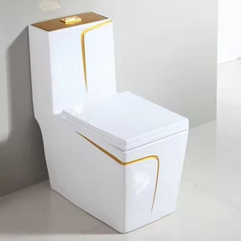 Designer Square Ceramic Toilet Commode - Custom Color Options & Gold Accent Trim