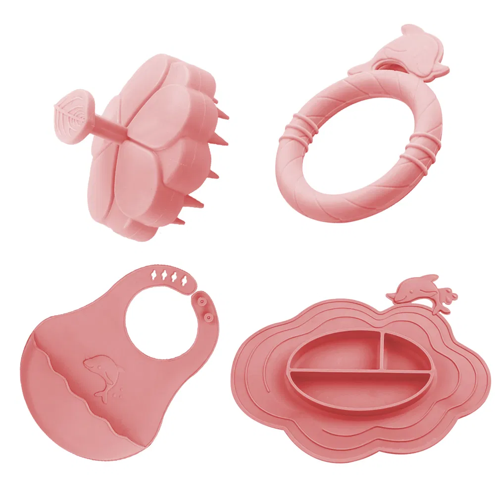 Baby Feeding Set Silicone Baby Bib Baby Plate Bowl Spoon Divided Plate Baby Teether Baby LED Weaning Baby Gift Set
