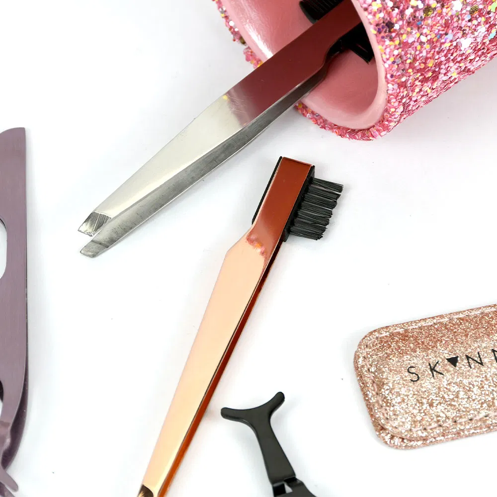 Slanted Rounded Eyebrow Tweezer Pointed Lashes Eyelash Tweezers with Eyebrow Trimming Eye Lash Brush