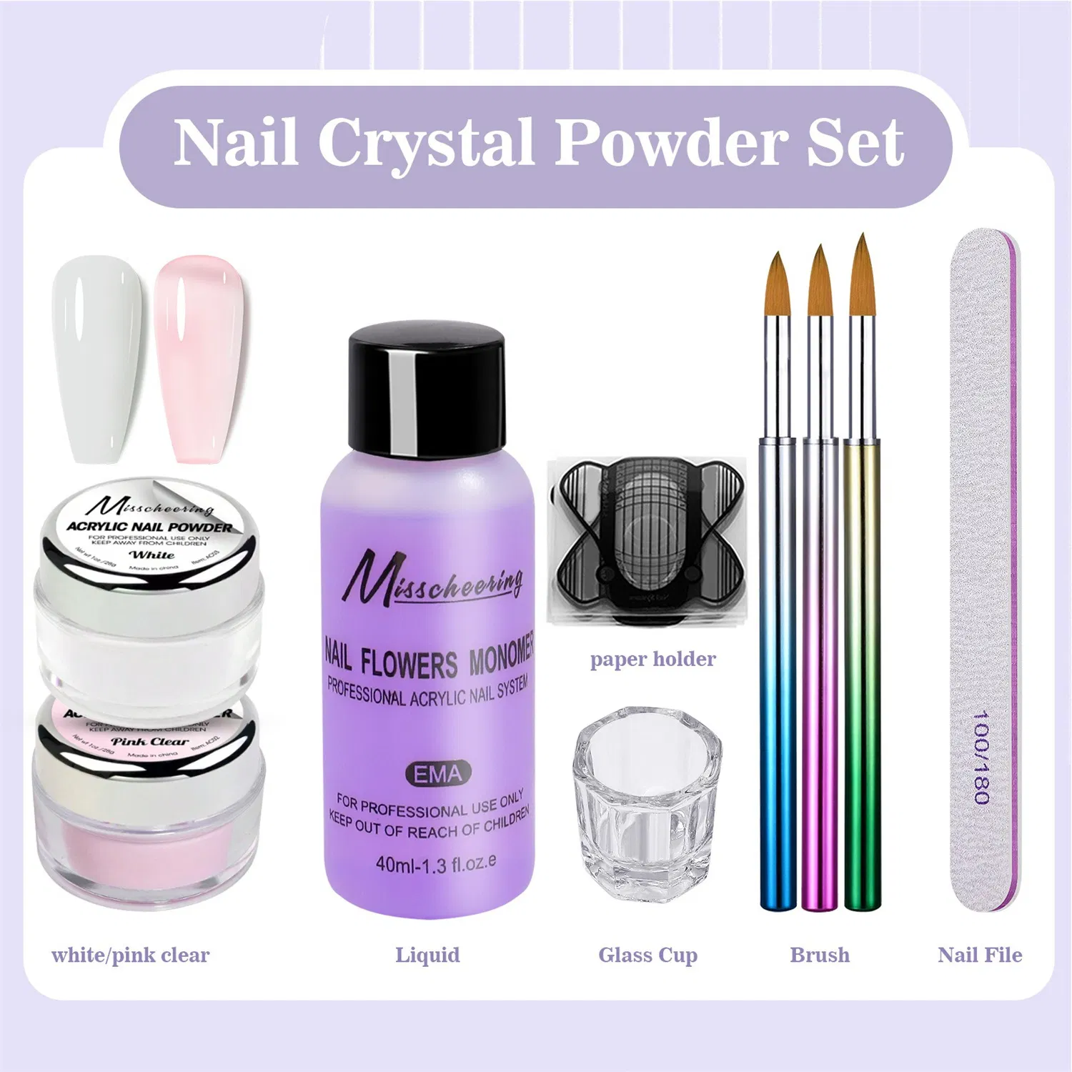 Salon EMA Acrylic Powder Set and Crystal Nail Powder for Nail Decorations or Extensions