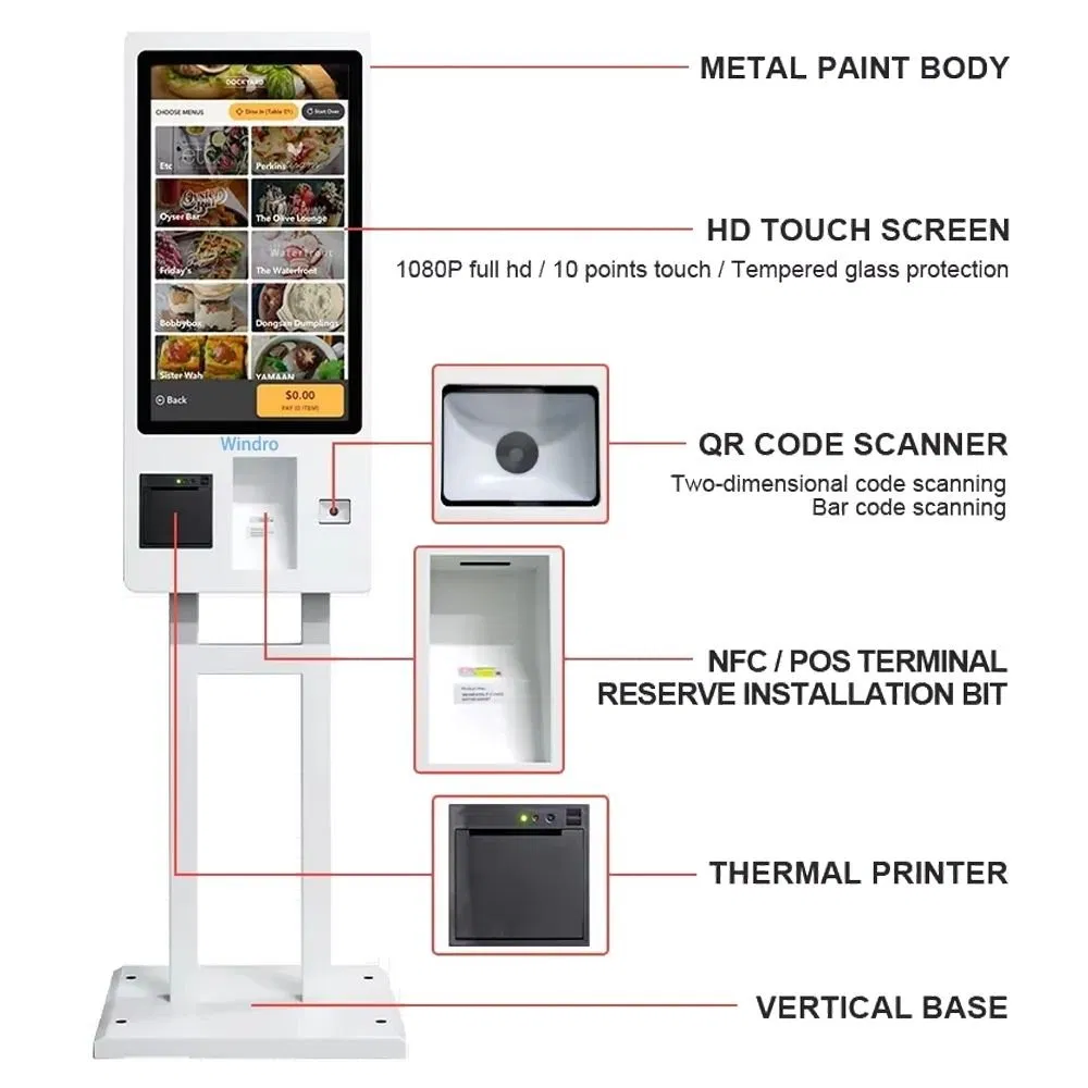 Restaurant Kiosk 21.5/23.8/27/32inch Mcdonalds Self Service Ordering Payment Kiosk Touch Screen Qr Code Scanner Printer