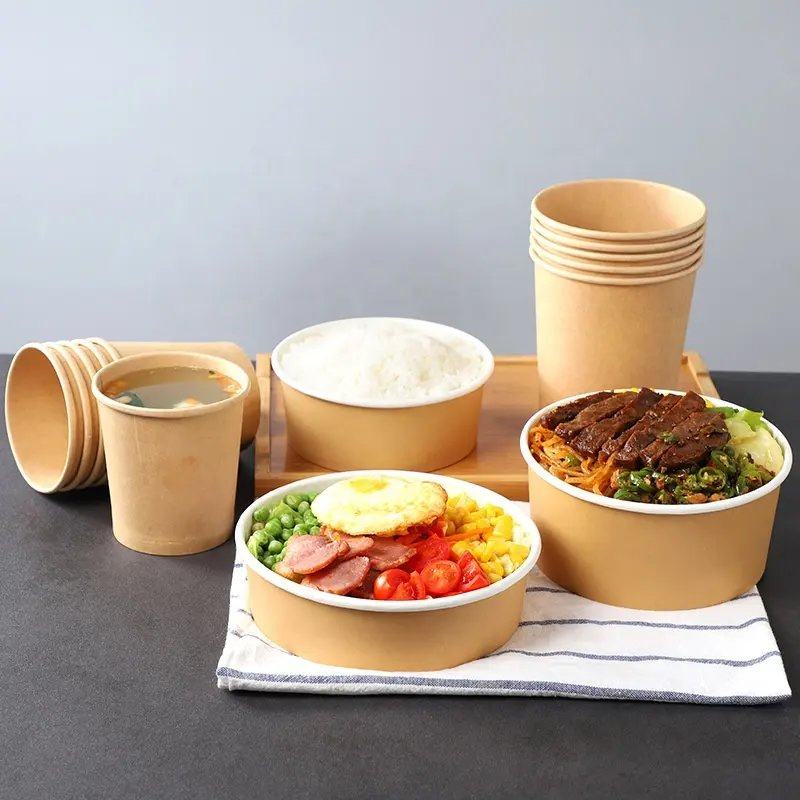 Eco Friendly Disposable Take Away Kraft Paper Salad Bowl with Lid