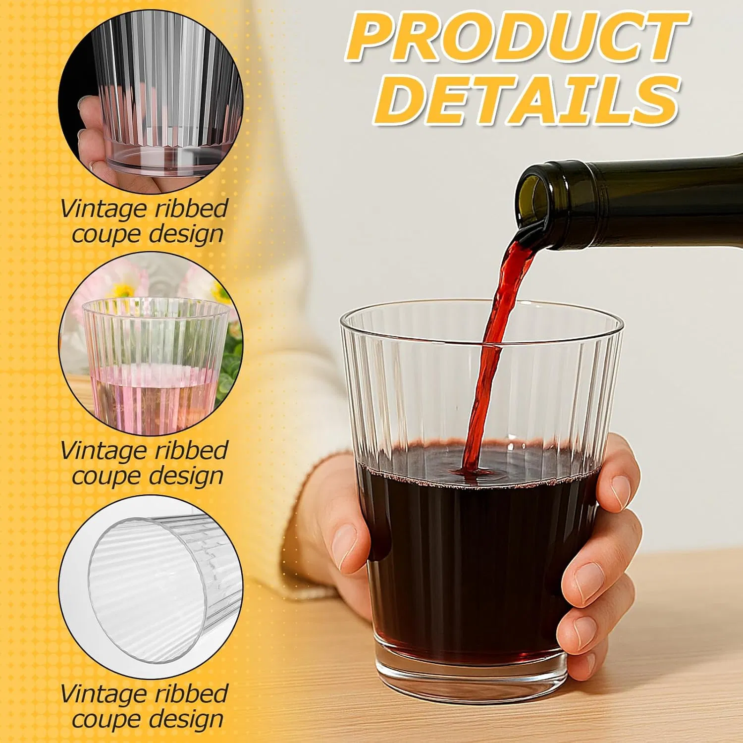 Clear Plastic Ribbed Wine Glasses Stemless Wine Glasses Tumblers Water Cups