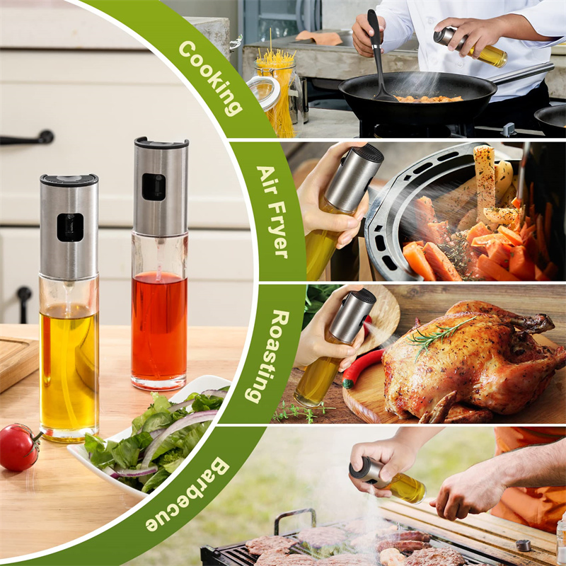 Glass Container with Stainless Steel Spout Olive Oil Dispenser and Oil Sprayer for Cooking Vinegar Cruet Bottle Set