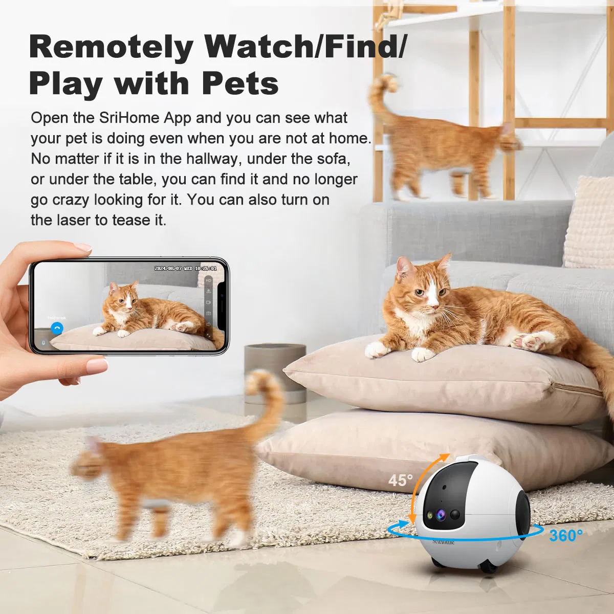 Camera Robot Mini Movable Pet Camera Battery Powered, Mobile Phone APP, Two-Way Call, Night Vision, Motion Detection, Video Recording