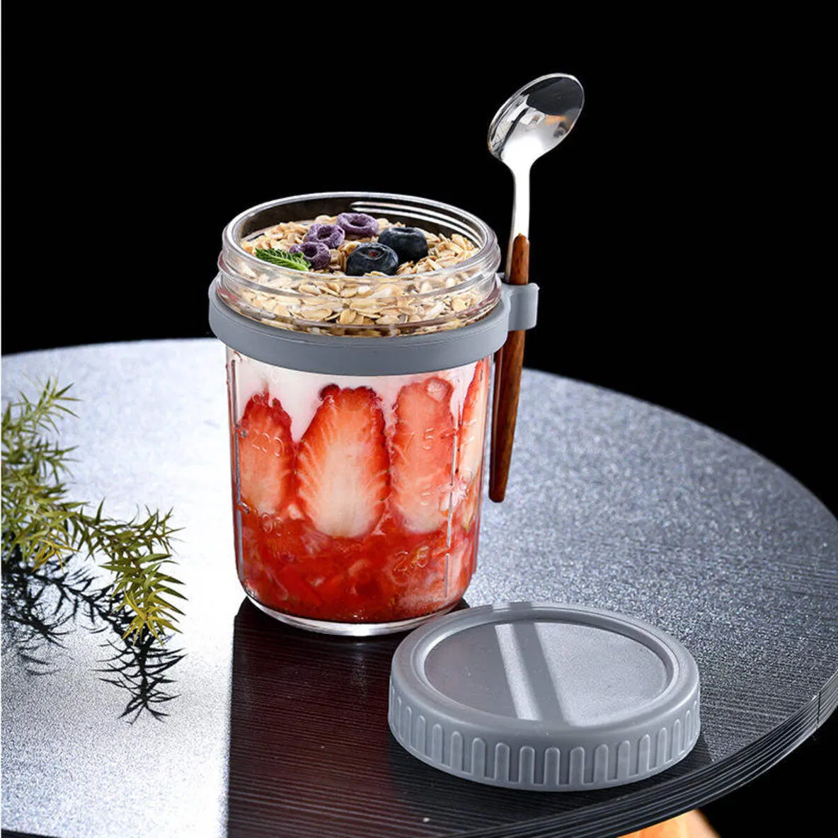 Wide Mouth Overnight Oats Container Mason Jar 10 Oz Glass Breakfast Cup with Spoon for School Travel Milk Fruit Salad