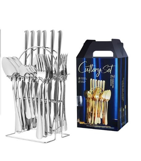 Stainless Steel 24 Pieces Silverware Case Spoons Forks Sets Flatware Gold Cutlery Set