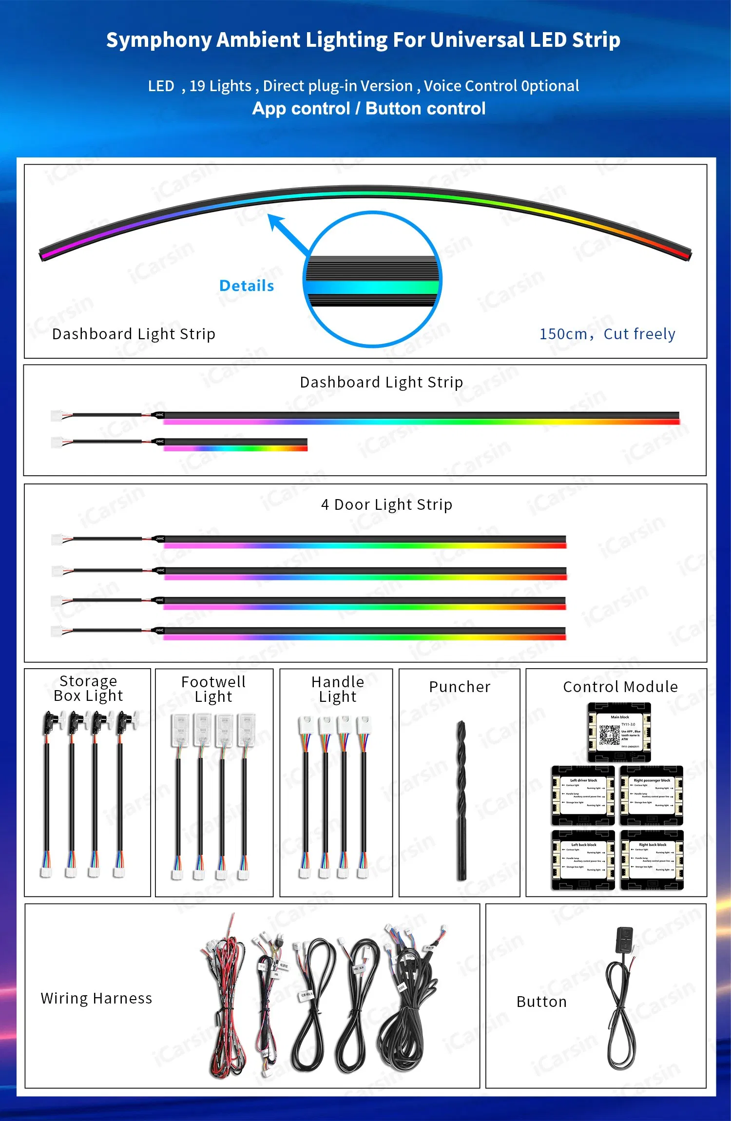 Universal 150cm Ambient Light Dashboard Surrounding Strip Lights