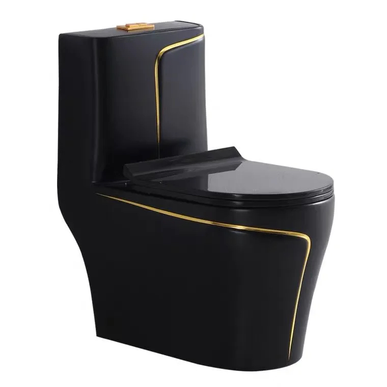 Factory Price Luxury Black Gold Color Bathroom Ceramic Washdown One Piece P-Trap Wc Toilet