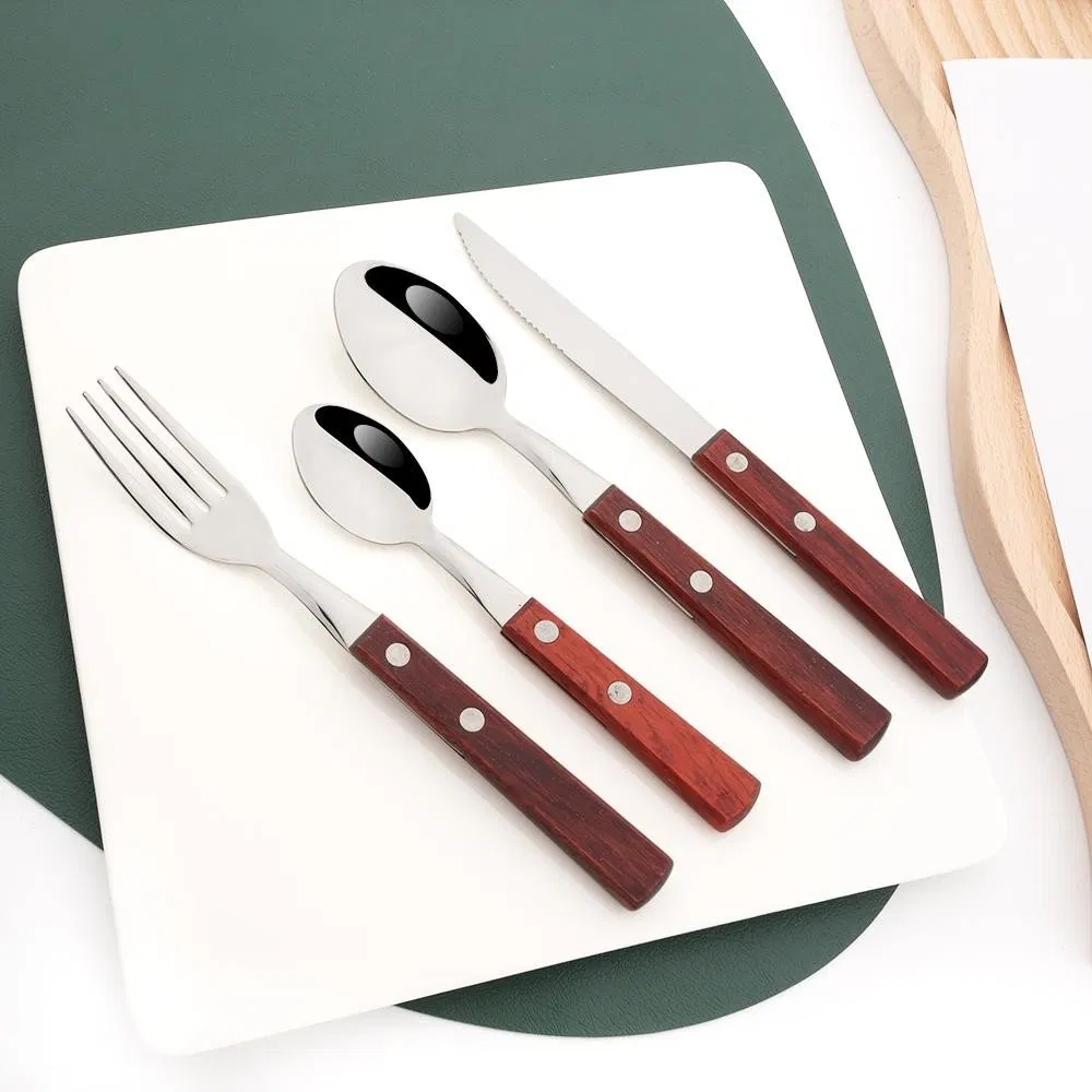 Dinner Knife Dinnerware Wood Handle Silver Steak Knives Cutlery Set 304 Stainless Steel Western Kitchen Silverware Set