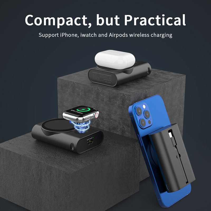 OEM Custom Branded Qi Wireless Charger and Magnetic Power Bank 2in1 Combined Design, Compatible for iPhone Mag-Safe and iWatch Auto-Align Charging