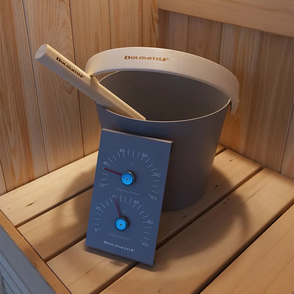 4-in-1 Sauna Tool Set Bucket Ladle Temp-Humidity Gauge & Sand Timer