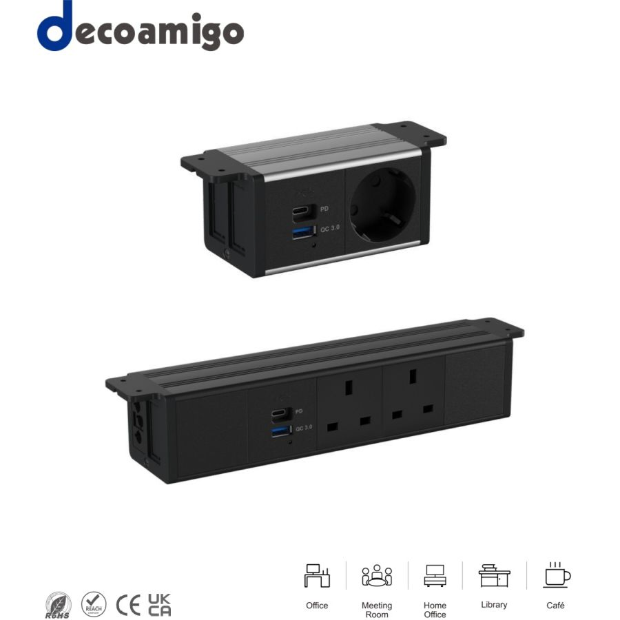 Decoamigo Office Multifunctional 3 Outlets ABS 10A Hanging Desk Socket with 2 USB Ports Tabletop Socket