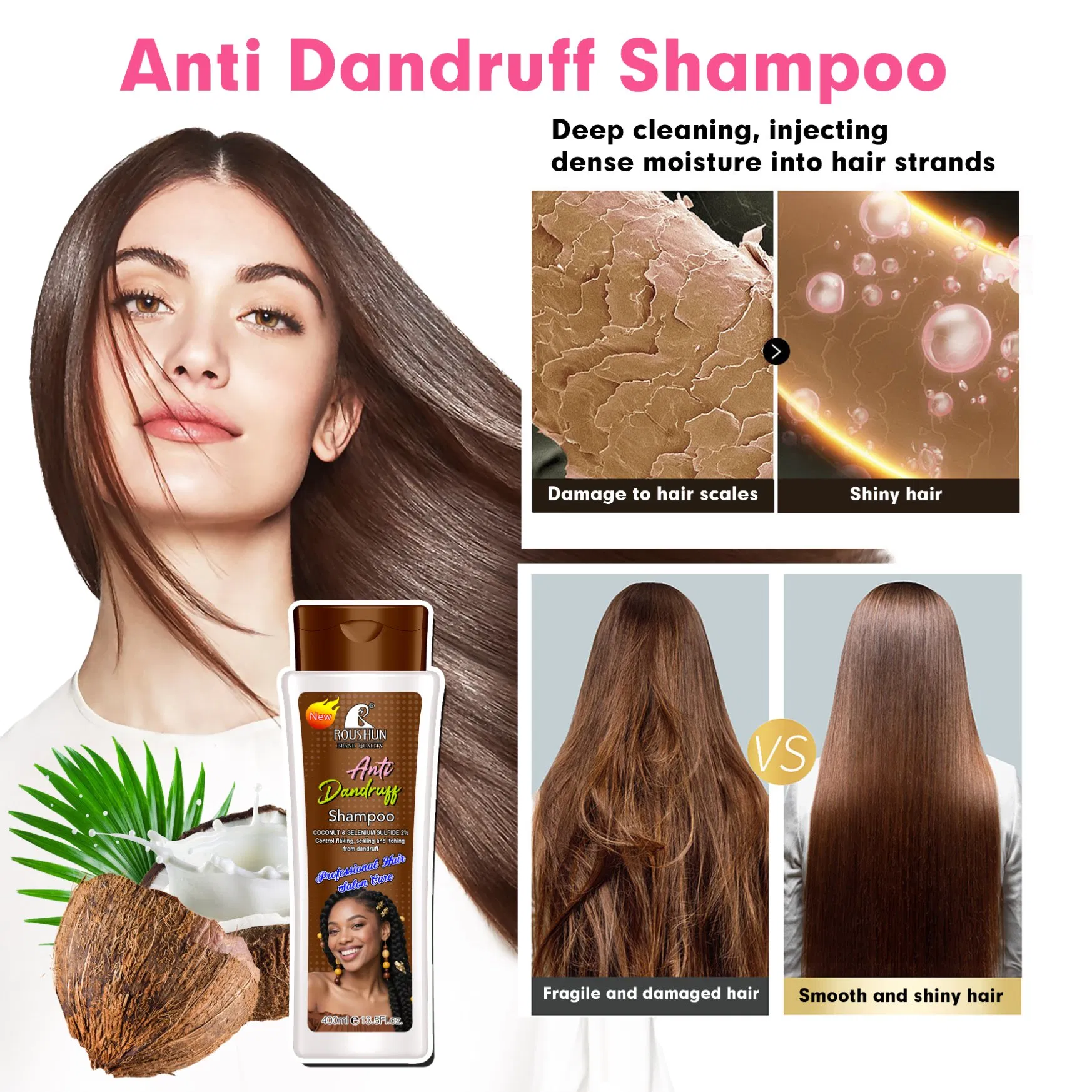 Roushun Anti-Dandruff 2-in-1 Shampoo & Conditioner Set with Coconut & Selenium Sulfide 2%