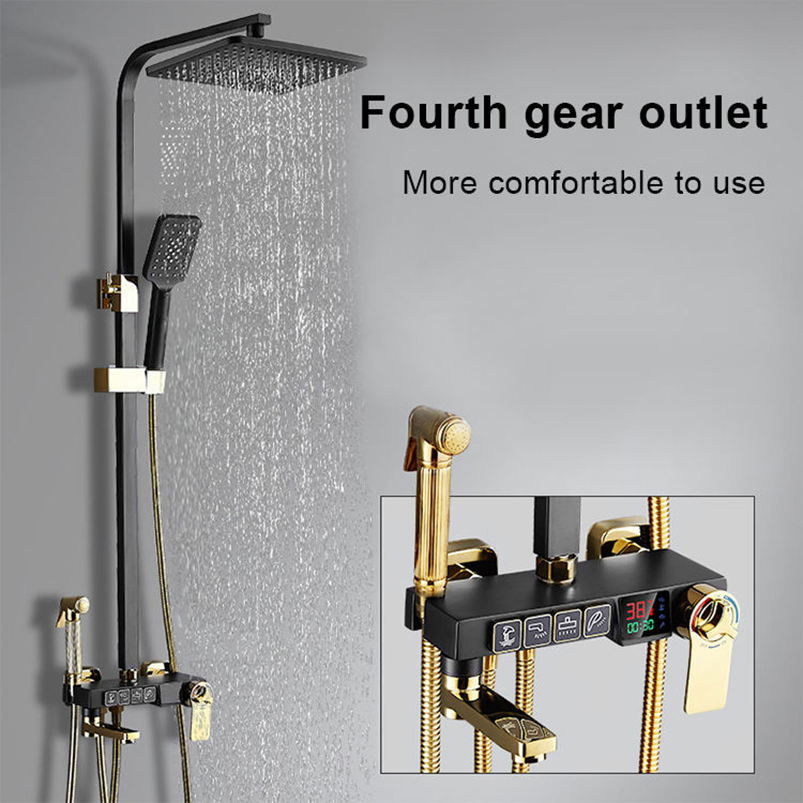 High Quality Black Gold Square Bathroom Shower System Bathtub Mixer Faucet: Thermostatic Shower Set, 304 Stainless Steel Material, Square Shower Head