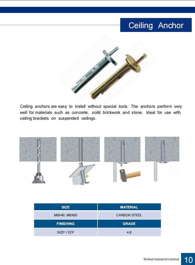 Ceiling Wedge Anchor 6 X 40mm Multiple Fixings of Non-Structural Applications for Suspending Ceiling Hangers in Concrete