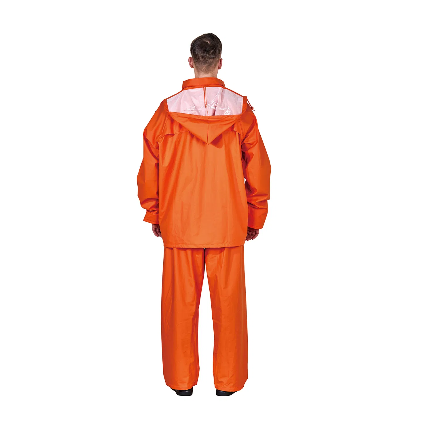 Ru015-PU Orange 0.45-0.50mm Multi Pockets PU Rain Suit Hooded with Elastic Waist Pants