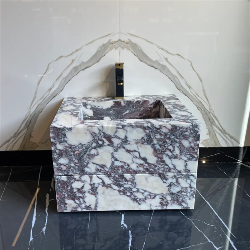 Modern Calacatta Viola Marble Sink Powder Room Floating Basin Marble Vanity Cabinet Drawers Bathroom Vanity