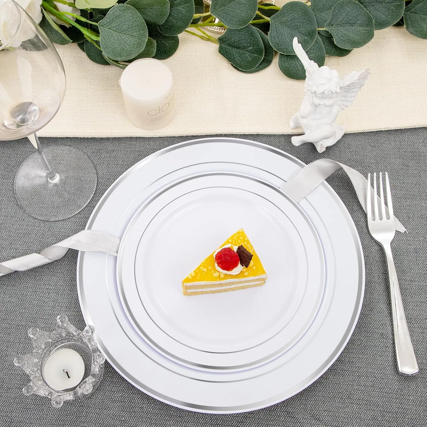 Premium Heavy Duty White & Silver Disposable Dinner Plates