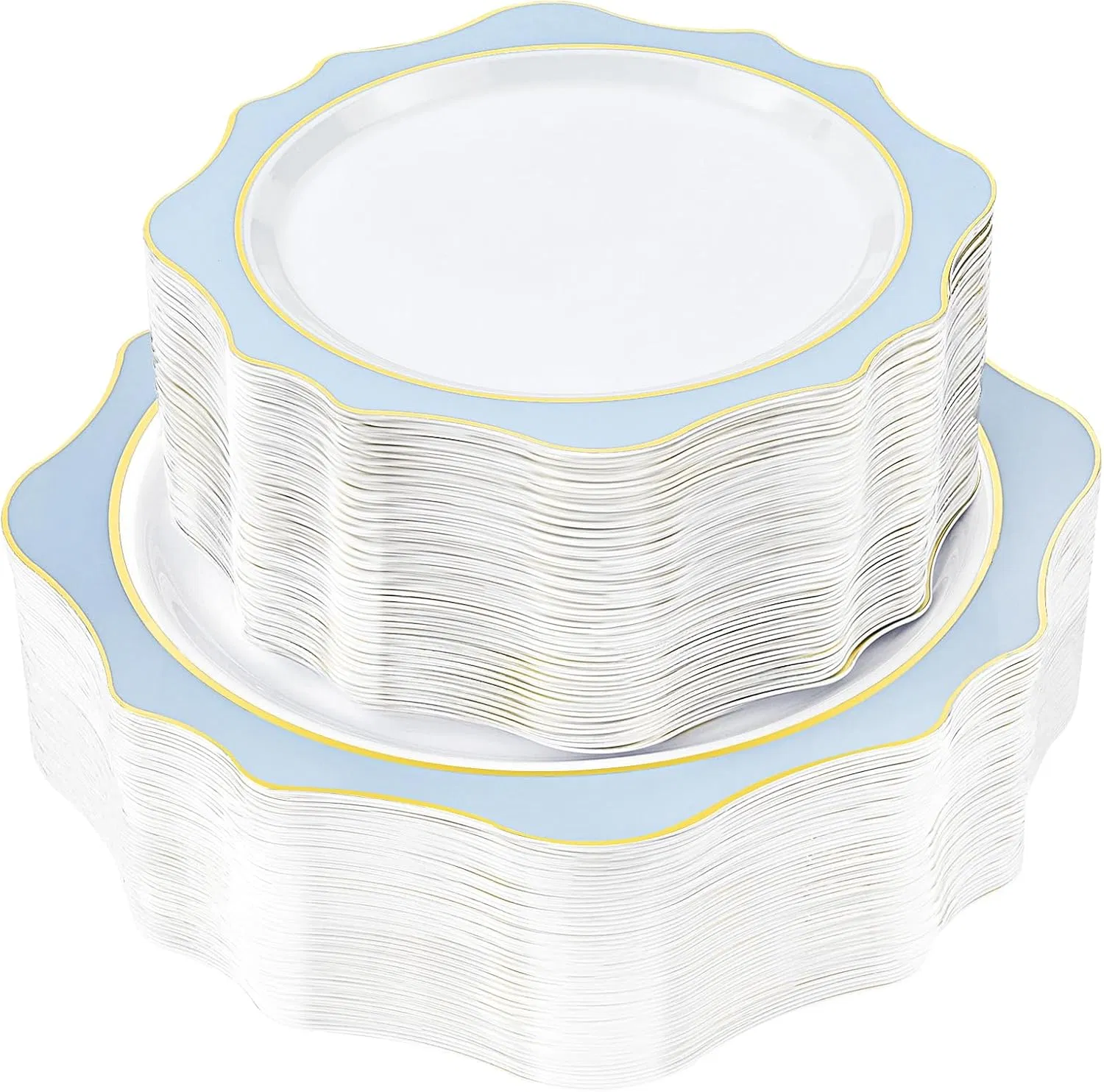 White and Blue Disposable Plates Scalloped Flowers Plastic Plates