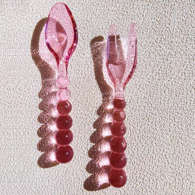 OEM Medieval Glass Beaded Tableware Spoon and Fork Creative Transparent Pink Green Glass Dinner Set