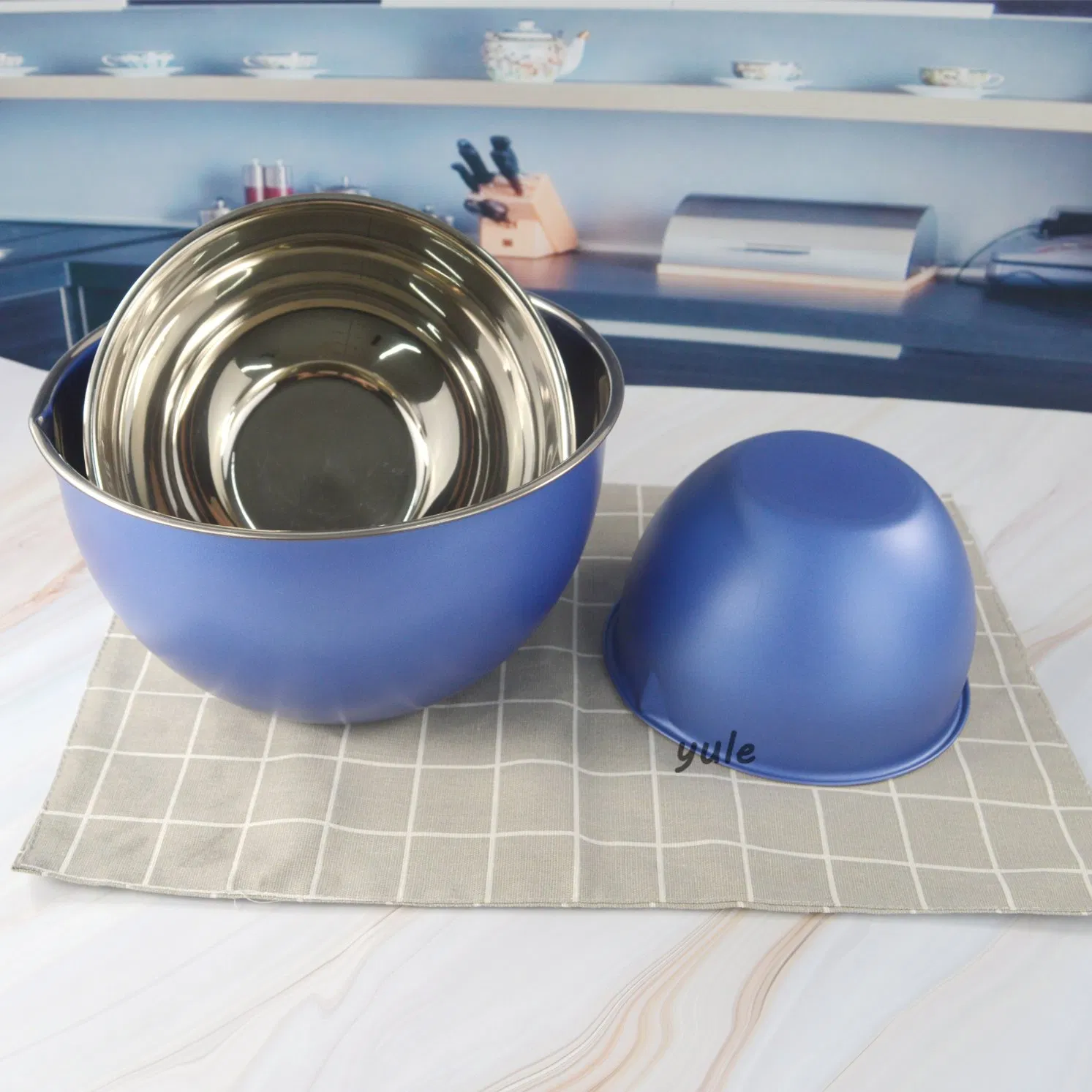 Blue Color Painting Noodle Bowl Storage Fruit Food Serving Foldable Stainless Steel Colorful Coating France Mixing Bowl