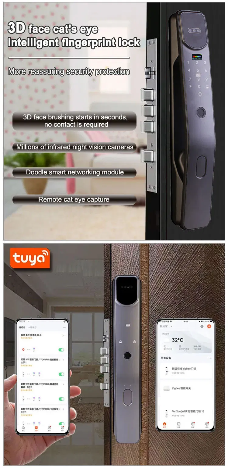 Tuya WiFi Smart 3D Face Intelligent Recognition Cat Eye Waterproof Fully Automatic Fingerprint Video Door Lock with LCD Screen