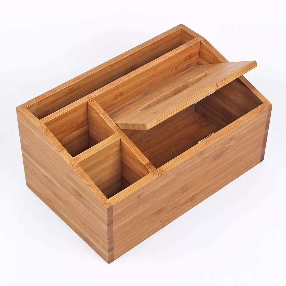Multifunctional Natural Bamboo Desk Organizer Storage Tissue Box for Office and Home
