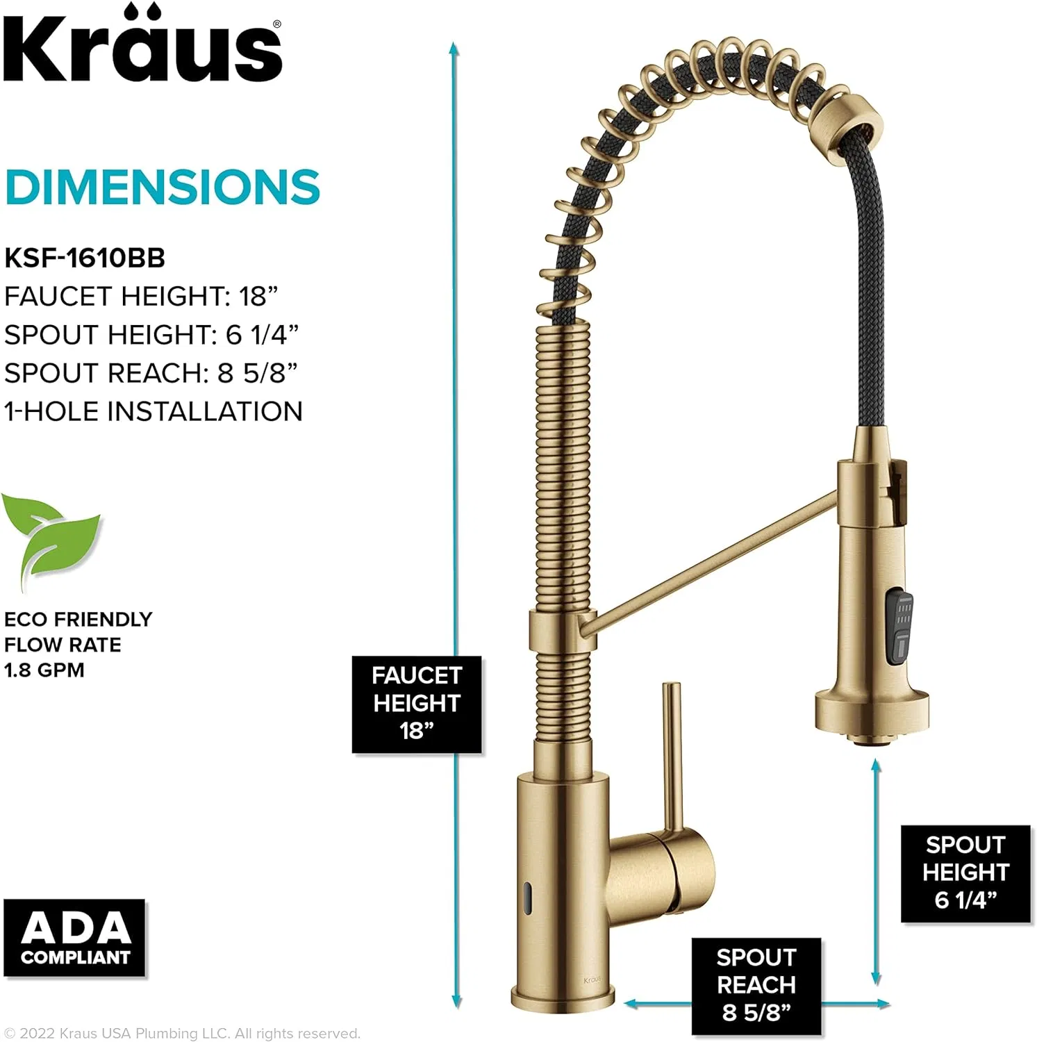 Golden Touchless Sensor Commercial Style Pull-Down Single Handle 18-Inch Kitchen Faucet