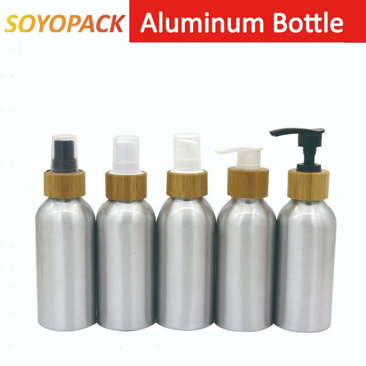Empty Personal Care Aluminum Shampoo Bottle Packaging with Bamboo Pump