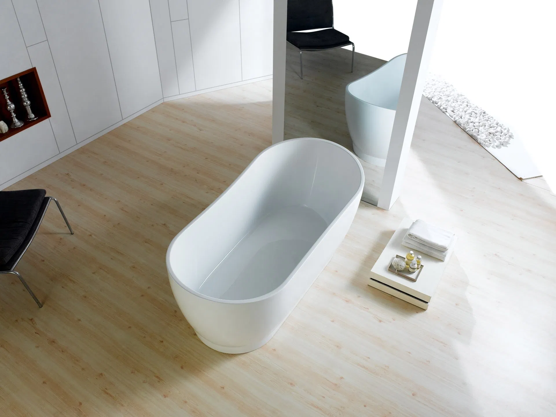 Morden Slipper Freestanding Acrylic Bathtub with Brushed Nickel, Brushed Gold Floor Mounted H59 Brass Tap Mixer