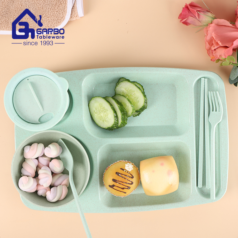 Wholesale Restaurant Plastic Cheap Colored Wheat Straw 5PCS Dinner Serving Set