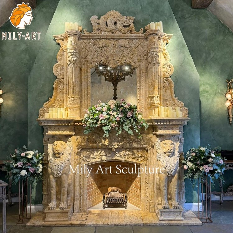 Antique Natural Stone Fireplace Mantel 2 Layer Marble Fireplace with Lion Statues for Wedding