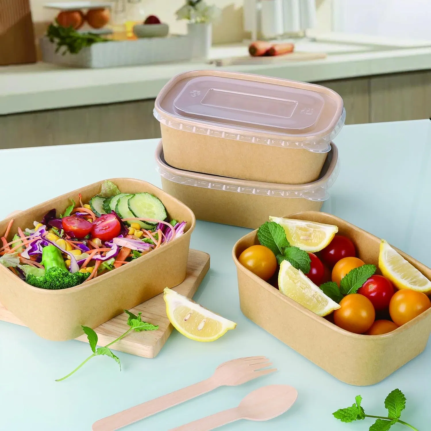 500ml Disposable Kraft Rectangle Paper Bowl with PP Lid Salad Bowl Takeaway