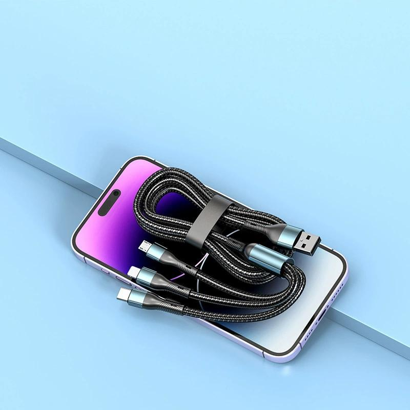 One-to-Three Car Charger: Three-in-One Braided Cable Offering Super Fast Charging for Huawei, Android, and iPhone
