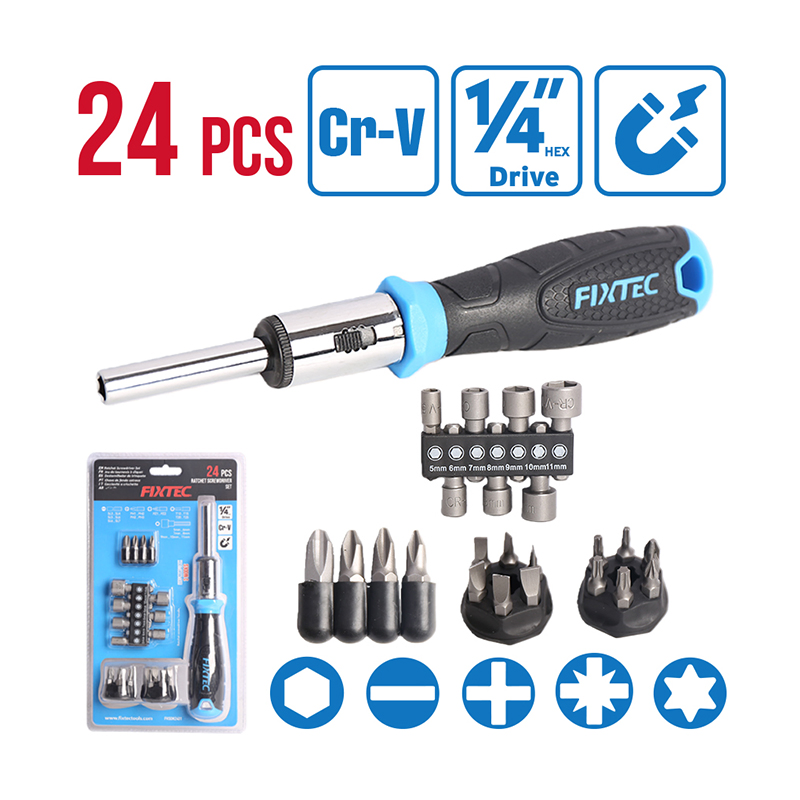 Fixtec Manufacturer Hand Tool 24PCS Professional Cr-V Ratchet Screwdriver Set