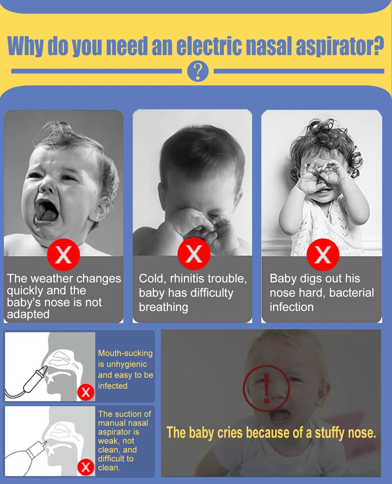 OEM EU CE Lower Noise Waterproof Safety Nasal Cleaner USB Portable Electric Baby Nasal Aspirator