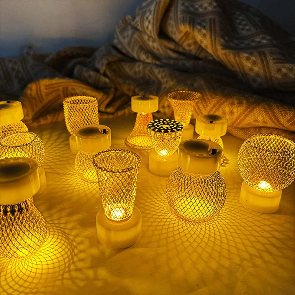 Electronic Candle Light, Hollow Gold-Plated Wrought Iron Table Night Light for Christmas Decor -Drum Design