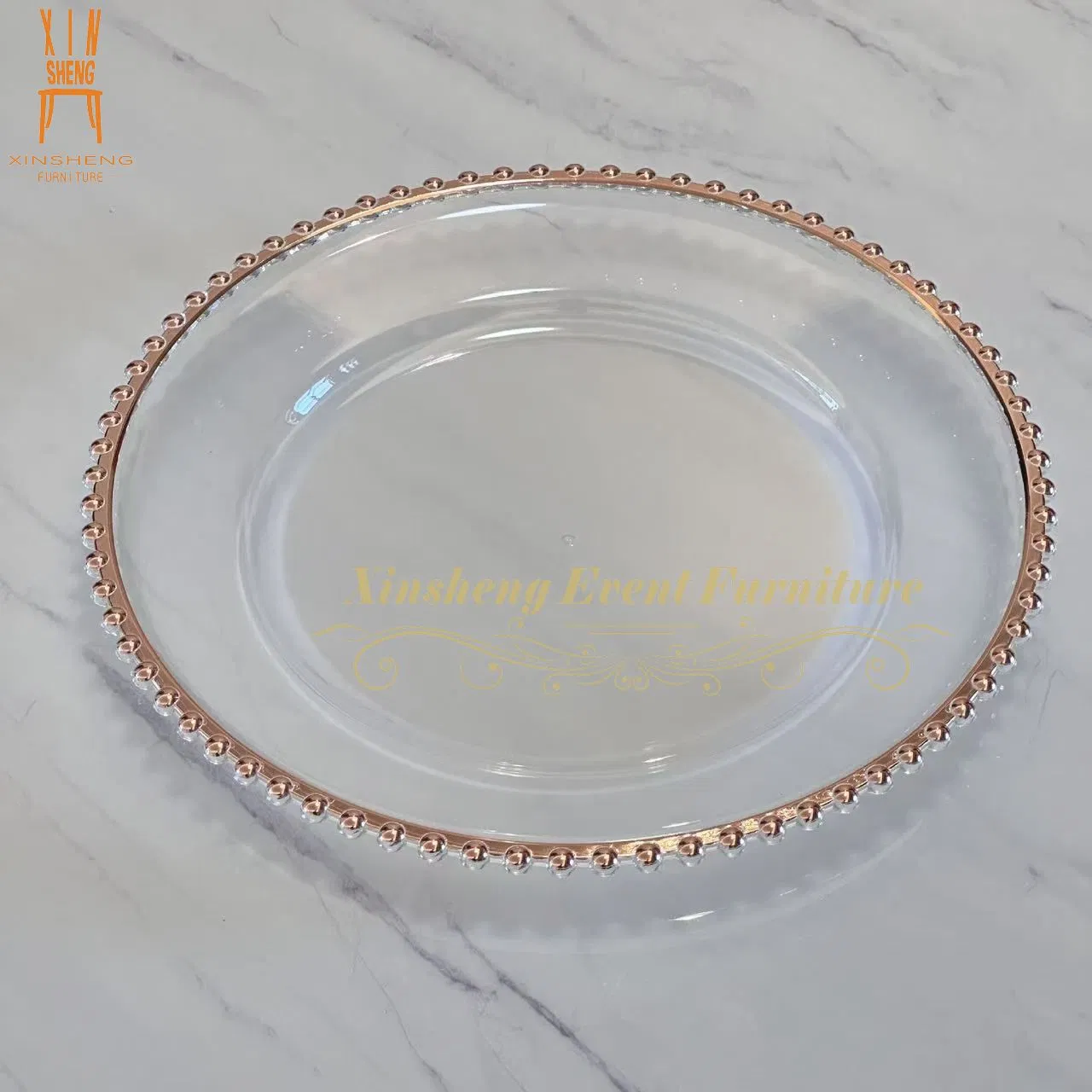 Modern Design Wholesale 13 Inch 33cm Plastic Round Gold Beaded Clear Charger Plates for Wedding Restaurant Hotel Banquet