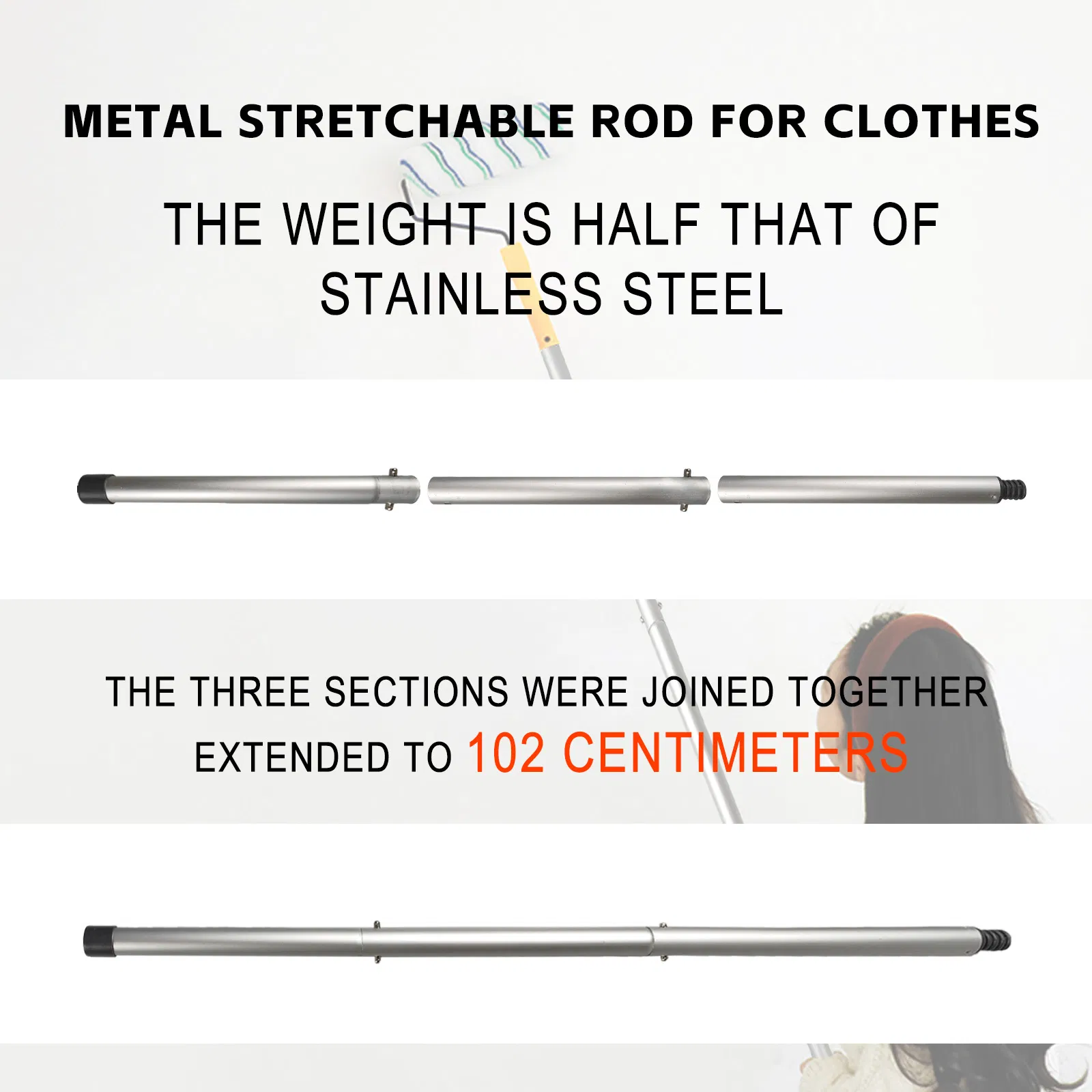 Aluminum Alloy Telescopic Rod 3 Parts Stretchable for Roller Painting Brush